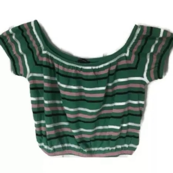 New Look Crop Top Off The Shoulder Bardot Green Short Sleeve Stripe Large UK 14 - Picture 3 of 7